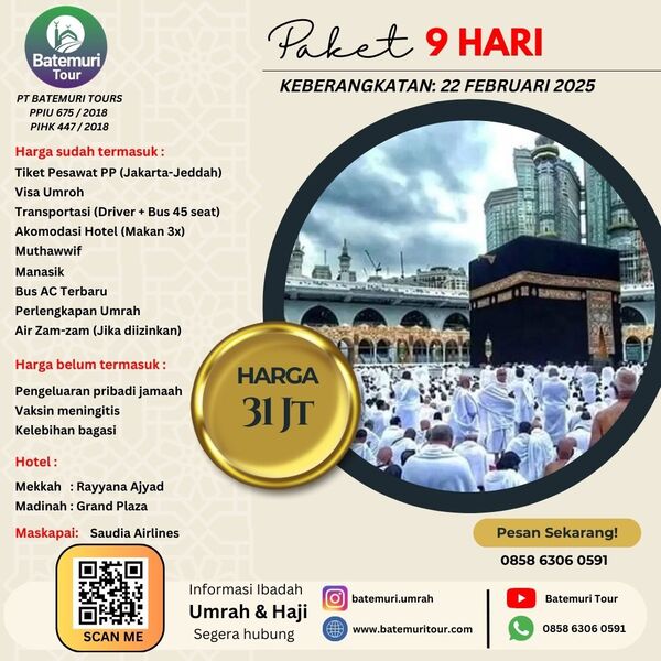 Umrah Sya'ban 1446 H, AT Tour , Paket 9 hari , Keberangkatan 22 Februari 2025